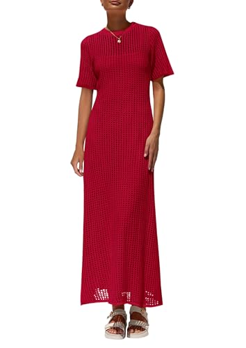 Image of PRETTYGARDEN Womens Eyelet Crochet Maxi 2 Piece Dress Sets | Knit Mesh Layered Two-Piece Dress, Short Sleeve Crew Neck Cover Up With Slip, Summer Resort Vacation Beach Hollow Out Dresses
