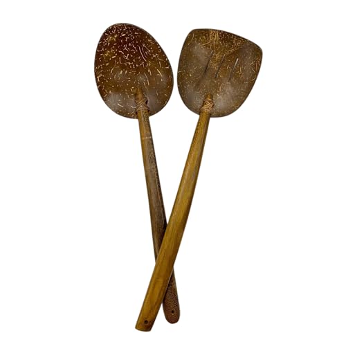 Handcrafted Wooden Salad Servers, Coconut Shell, 14 Inch Long Handles spatula & ladle
