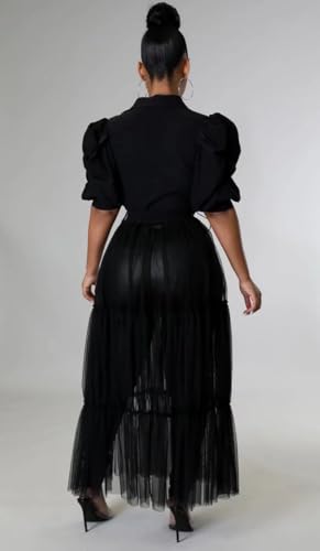 Ekaliy Women’s Casual Mesh See Through Shirts Long Dresses with Belt V Neck Button Down Club Party Outfit3