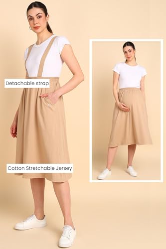 Image of ZELENA Maternity Jersey Skirt for Women with Pockets | 100% Soft Cotton Pregnancy & Postpartum Skirt | Stretchable Maternity Skirt with Detachable Strap for Mothers