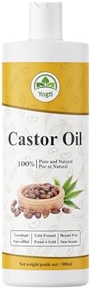 Yogti [Canadian Brand] 100% Pure and Natural Castor Oil - 500ml for Hair, Eyelashes, Eyebrows, Face, Nails, Cold pressed, Hexane Free - 500ml