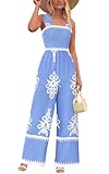 PRETTYGARDEN Womens Jumpsuit Casual One Piece Boho Summer Outfits Shirred Strap Wide Leg Long Pants Rompers With Pockets (Sky Blue White Flower, Large)