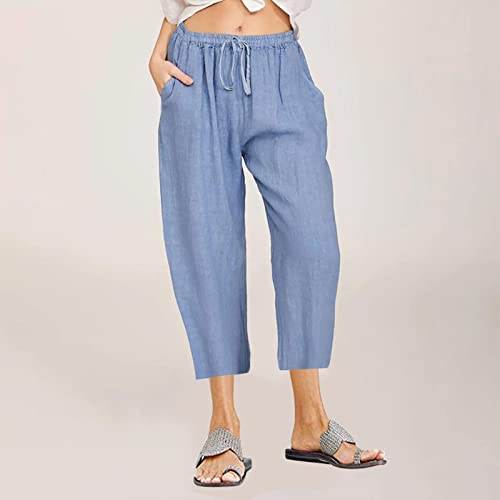 Generic Linen Capri Pants Women,2024 Summer High Waisted Casual Loose Drawstring Wide Leg Slacks Pants with Pockets, Large2