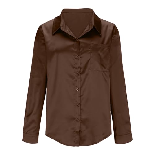 Camisa de botão para mulheres, blusas de seda de cetim simples, de manga comprida, elegantes, casuai