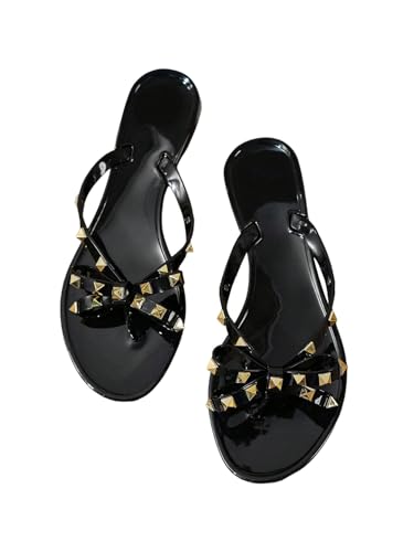Women's Studded Bowknot Thong Sandals Open Toe Summer Casual Flip Flop Sandals