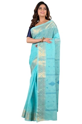 Image of eC ESHA'S COLLECTION Women's Kerala Cotton Floral Motif Printed Zari Bordered Tant Saree Without Blouse Piece