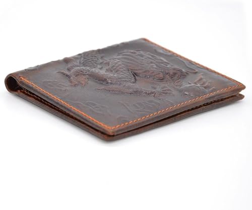 Portefeuille vintage en cuir véritable de buffle marron et motif dragon rétro
