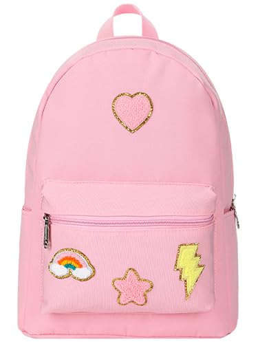 Preppy Backpack for Girls Back to School Gift School Book Backpack with Rainbow Chenille Patches(Pink)