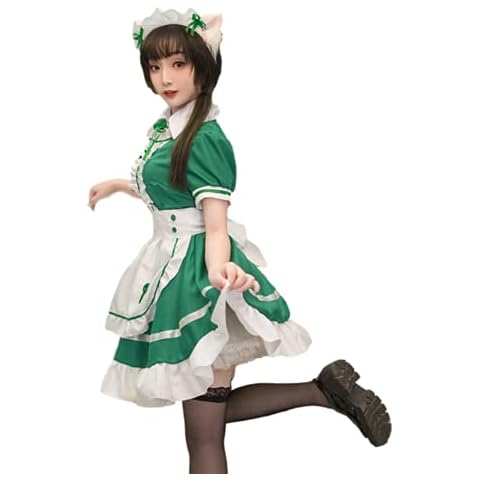 IFIKK Maid Dress Maid Costume Set French Maid Fancy Dress Anime Cosplay for Adults Short Sleeve Dress with White Apron and Headwear Fake Collar/French Maid Apron Dress Fancy Costume Cosplay Cover