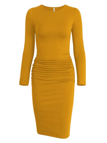 Image of Missufe Women's Long Sleeve Slim Ruched Bodycon Dress 2025 Trendy Fall Casual Round Neck Sheath Knee Length Outfits Clothes