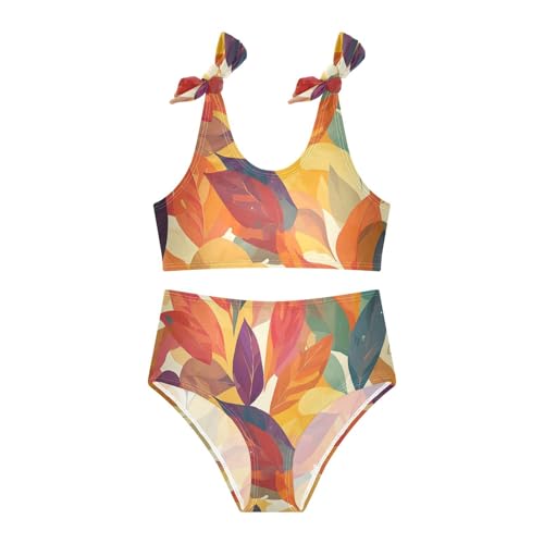 KLL Fall Autumn Transparent Color Leaves Girl Two Piece Bikini Sets Scoop Neck Bathing Suit Swimming Suits Adjustable Strap3