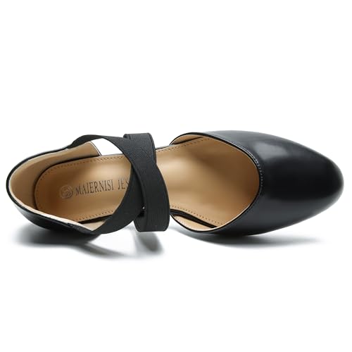 Women's Low Chunky Heel Pumps Elastic Crisscross Strap Pull On Dress Dance Shoes4