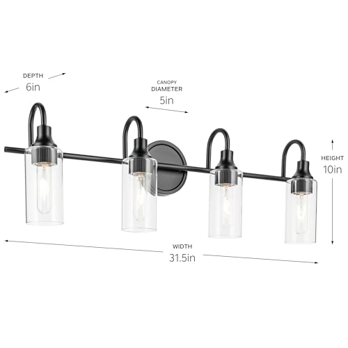 Image of Kichler Kavi 4-Light Bathroom Vanity Light, Black | Damp-rated vanity light with clear glass for bathroom mirrors (31.5 inch x 10 inch), 55212BK