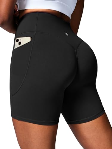 Heathyoga Butt Lifting Biker Shorts Women Tummy Control 6 Workout Shorts with Pockets Compression Yoga Shorts Spandex Gym Black Large