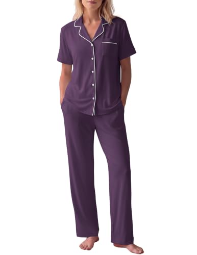 Image of HNG Women Pajamas Set 2 Piece Button Up Pajamas Pant and Short Sleeve Shirt for Woman Pj Sets with Pocket