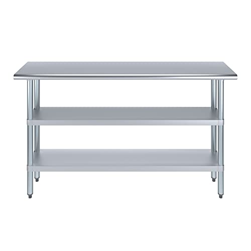 Image of AmGood Stainless Steel Work Table with 2 Shelves | NSF | Metal Utility Table (60 inch Long x 14 inch Deep)