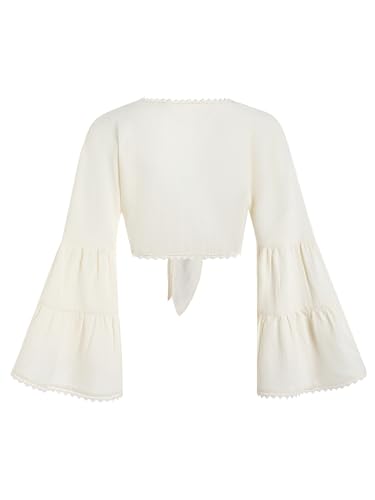 Women's Tie Bow Front Cardigan Long Bell Sleeve Blouse Crop Top Shirt Casual Deep V Neck Top2