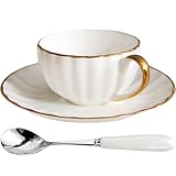ONEUSTAR Tea Cup and Saucer Set for 1 Bone China English Tea Cup with Spoon 8 oz Teacup Coffee Cappuccino Latte Mug with Gold Trim, White