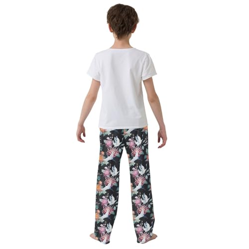 Crane Chrysanthemum Floral Boys Long Pants Soft Trousers Elastic Waist Kids Lounge Bottoms with Pockets S-XL3