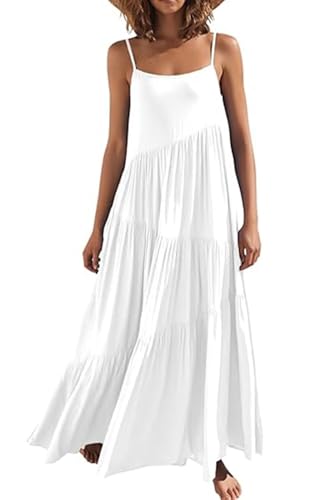 Image of Womens Sundress Loose Sleeveless Strap Summer Casual Beach Vacation Long Dress for Women Solid Halter Dress