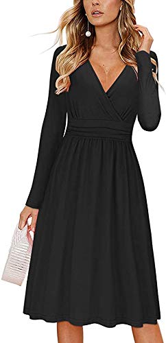 OUGESWomen's Midi Dress Long Sleeve Wrap Dresses for Women V-Neck Ladies Casual Dress with Pockets Autumn Winter