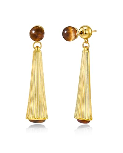 18K gold plated Brown Tiger Eye Long Ribbed Geometric Vertical Bar Drop Chunky Tigers Eye Gemstone Statement Earrings for Women by SNGIA, Bold Drop Handmade Exaggerated Textured Irregular Trendy Bohemian Stud Jewelry Gifts, Unique Dangling Baroque Stone Summer Beach Fashion Accessories, Rectangular Vintage Thick Circular Nickle Free Huggies Hoop Earring.