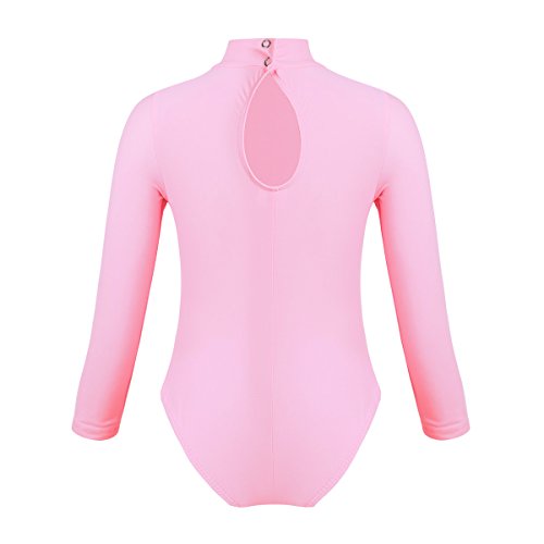 QinCiao Girls Kids Basic Stretch Long Sleeve Mock Turtle Neck Leotard Gymnastic Ballet Dance Leotard Active Top T-Shirt Pink 5-6