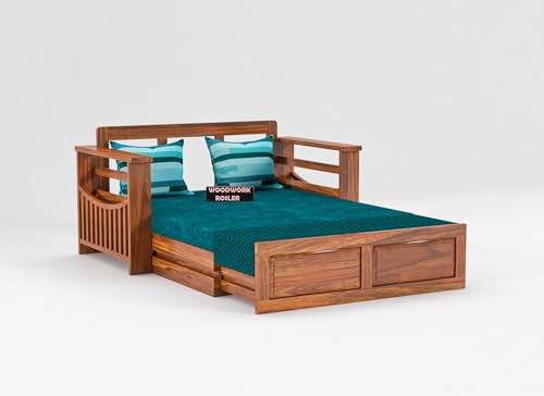 Image of Solid Sheesham Wooden Sofa Cums Bed with Mattresses for Living Room | Rosewood 2 Seater Sofa Cums Bed for Bedroom Without Pillow (D-Natural Finish)