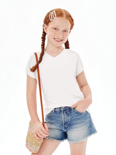 Image of Haloumoning Girls V Neck T-Shirts Kids Summer Swiss Dot Short Sleeve Tops Cute Fashion Tees 5-14 Years