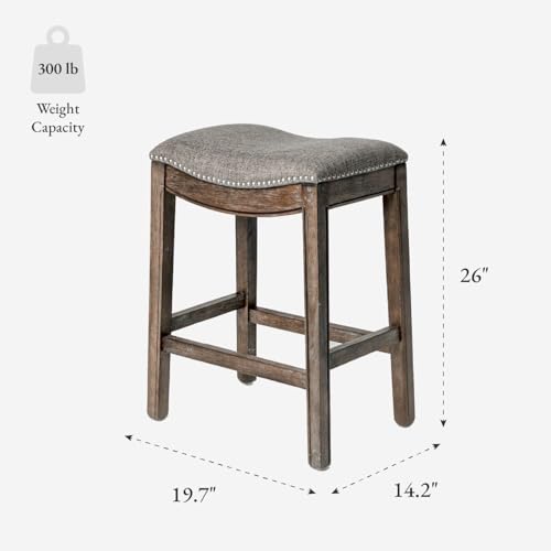 Image of Maven Lane Adrien Backless Counter Stool - Set of 4 - 26 Inches - Saddle Stool with Footrest - Brown Solid Wood Frame & Grey Fabric Upholstery - Perfect for Kitchen Islands & Counters
