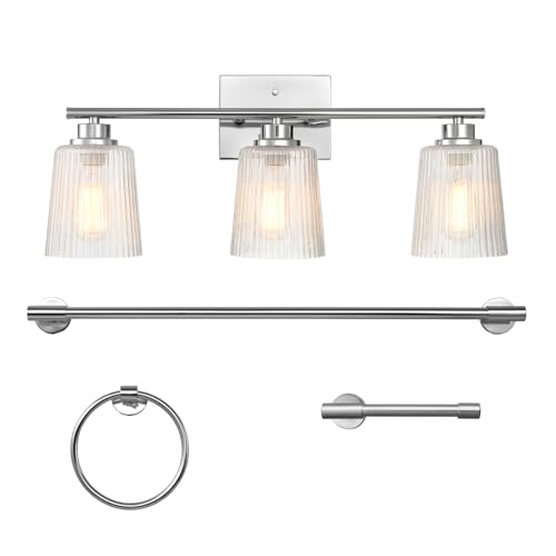 Image of Globe Electric 4-Piece All-in-One Bathroom Set, Chrome Finish, 3-Light Vanity Light with Clear Ribbed Glass Shades, Towel Bar, Toilet Paper Holder, Towel Ring