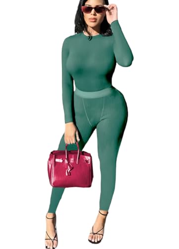 vyolu Casual Workout 2 Piece bodycon casual outfit Women Ribbed Set Long Sleeve Elastic Leggings LoungeWear activewear