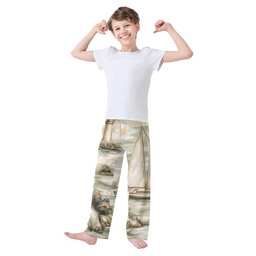 ZZXXB Retro Sailboat and Lighthouse Boys Long Pants Soft Trousers Elastic Waist Kids Lounge Bottoms with Pockets S-XL3