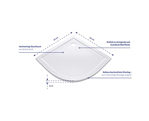 Duschtasse Duschwanne Viertelkreis 90 x 90 cm - hochwertige Duschtasse aus Sanitär-Acryl, passend für Viertelkreis-Duschabtrennungen mit einem Radius von 55 cm und einer Grundfläche von 90 x 90 cm – Bild 5