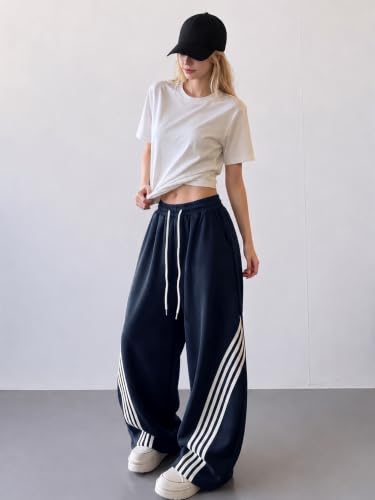 Image of EMMIOL Women's Y2K Baggy Barrel Striped Sweatpants High Waisted Wide Leg