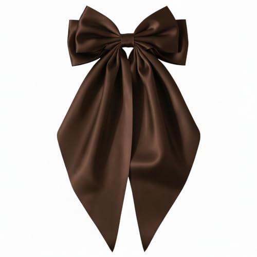 Brown Oversized Satin Hair Bow Clip with Long Tails for Women