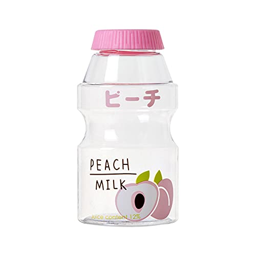 Yirepny Plastic Water Bottle Yakult Shape, Strawberry Lemon Avocado Peach Cartoon Pattern Suitable for Children Boys And Girls Can be Filled With Milk Coffee Cold Drinks Pink