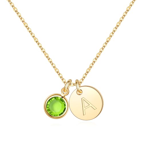 Hidepoo Initial Peridot Birthstone Necklaces for Women Dainty Disc Letter A August Birthstone Necklace Jewelry for Woman Personalized Birthday Gifts