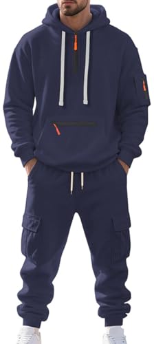 MEDUOLA Survêtement Homme Hiver Veste à Zip avec Capuche Pantalon Jogging à Poche Ensemble 2 Pièces Chaud et Confortable (L,Bleu marine)