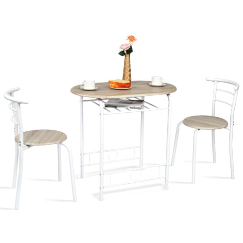 Bonnlo Esstisch Oval für 2 Personen mit Ablagefach Küchentisch Klein mit 2 Stühlen Dining Table Set Esszimmertisch Essgruppe Balkontisch für Küche Balkon Esszimmer (Eiche-Weiß)