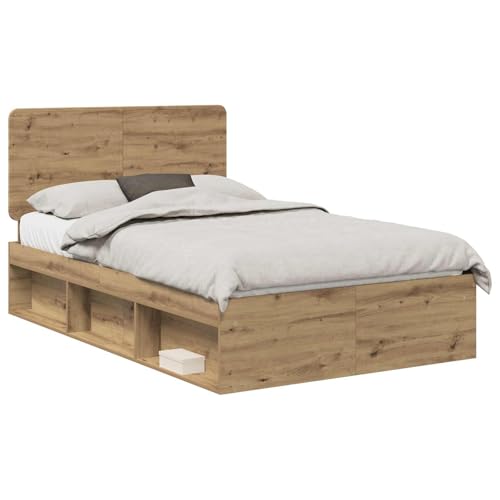 vidaXL Estructura de Cama con cabecera Roble Artesanal 135 x 190 cm, Dormitorio, Rectangular, Estilo Moderno, Construcción Duradera, para Vivir contemporáneo, Diseño Compacto, Distribución versátil