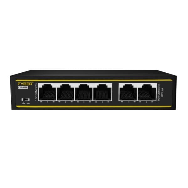 FYBER 4 Port PoE Switch with 2 Uplink Ports, 10/100Mbps, IEEE 802.3af/at, 72W Power Budget, Plug and Play