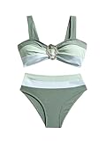 Milumia Women's Two Piece Bikini Sets Striped Print Swimsuit Metal Decor High Waist Bathing Suit Green Medium