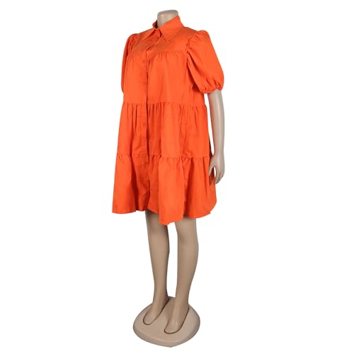 Image of WOKANSE Women's Cute Babydoll Dresses Casual Loose Puff Sleeves Ruffle Hem Button Down Pleated Shirt Dress