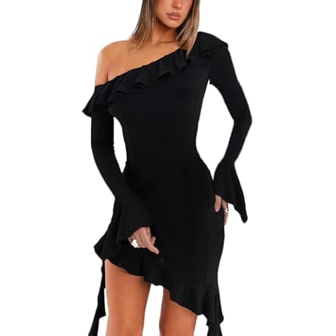 Off Cold One Shoulder Bell Long Sleeve Mini Dress Women Summer Ruffle Frill Elegant Mermaid Sexy Fairy Rave HOCO Cute Trendy Cocktail Party Date Night Going Out Short y2k Club Outfits M Little Black Cover