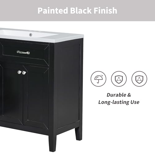 Image of Favfurish 36 inch Bathroom Vanity with Ceramic Sink,Undermount Single Basin Bath Vanity Set w /2 Soft-Close Doors and 3 Drawers,Modern Freestanding Storage Cabinet,Solid Wood Frame,Black