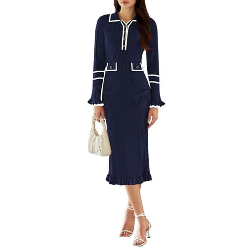 Pink Queen Women's V Neck Bodycon Sweater Dress 2024 Long Sleeve Half Button Slim Fitted Ruffle Ribbed Knit Maxi Pencil Dress Small Navy