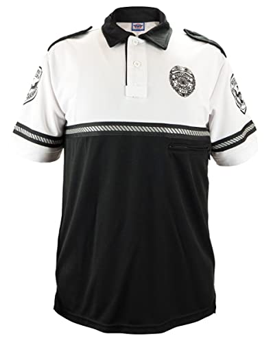 RYNO GEAR Security Badge and Patch Two Tone Bike Patrol Polo Shirt with Zipper Pocket and Reflective Hash Stripes (White & Black) Small