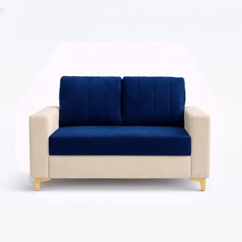 Image of Hakuna Dual Tone Plush Velvet 3 Seater + 2 Seater Sofa Set with 2 Ottoman | Silken Velvet Suede Upholstery | Designer Sofa for Living Room & Office Spaces (Dark Blue & Cream)