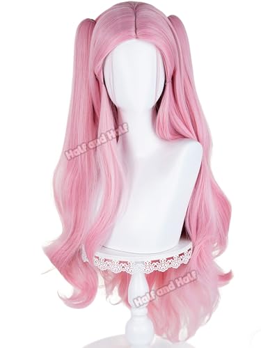 Image of Half and Half Pink Curly Anime Ponytail Wig Long Light Pink Twin Tail Wigs Cute Lolita Costume Wigs for Women Halloween Party Daily